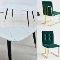 House Of Bling Furniture Boutique Doha Dining Set Green And Gold Chairs With Rectangle Marble Table Black Legs Dining Tables And Chairs Sets