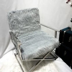 House Of Bling Furniture Boutique Faux Sheepskin Fur Directors Chair Dressing Room Chair Grey/Silver