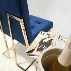 House Of Bling Furniture Boutique Blue And Gold Pair Of DOHA Square Dining Chairs Modern Gold Polished Legs Fabric Finish Dining Tables And Chairs Sets