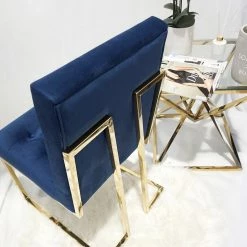 House Of Bling Furniture Boutique Blue And Gold Pair Of DOHA Square Dining Chairs Modern Gold Polished Legs Fabric Finish Dining Tables And Chairs Sets