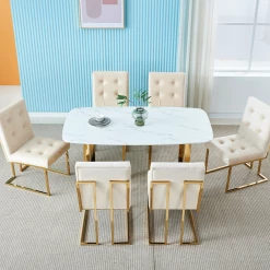 House Of Bling Furniture Boutique DOHA Marble Top Dining Table With Gold Legs 6 Seater Dining Tables And Chairs Sets