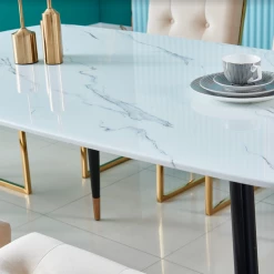 House Of Bling Furniture Boutique Doha Dining Set Green And Gold Chairs With Rectangle Marble Table Black Legs Dining Tables And Chairs Sets