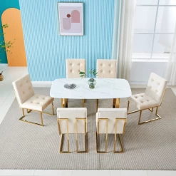 House Of Bling Furniture Boutique Doha Dining Set Ivory And Gold Chairs With Rectangle Marble Table Gold Legs Dining Tables And Chairs Sets
