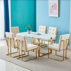 House Of Bling Furniture Boutique Doha Dining Set Ivory And Gold Chairs With Rectangle Marble Table Gold Legs Dining Tables And Chairs Sets