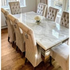 House Of Bling Furniture Boutique Cream Marble Cambridge Table With Elsa Lion Knock Chsirs