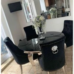 House Of Bling Furniture Boutique Dining Tables And Chairs Sets Black Glass Top Table With 4 Black Knocker Chairs