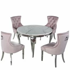 House Of Bling Furniture Boutique Oxford Round Smoked White Marble Table With 4 Chairs