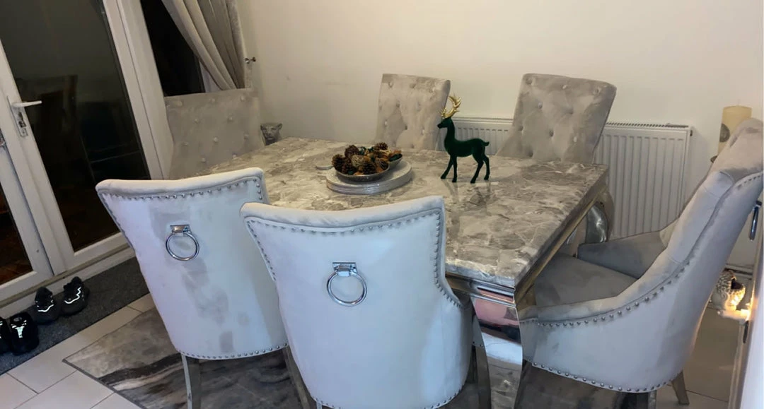 House Of Bling Furniture Boutique Cambridge Grey Marble Top With Our Light Grey Knocker Chairs 4 House Of Bling Furniture Boutique Cambridge Grey Marble Top With Our Light Grey Knocker Chairs