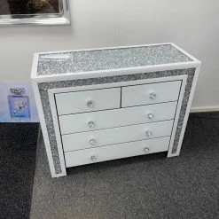 House Of Bling Furniture Boutique CRushed Diamond White Chest Of 5 Drawers