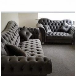 House Of Bling Furniture Boutique Mary Chesterfield Sofa In Dark Grey Plush Velvet Sofas