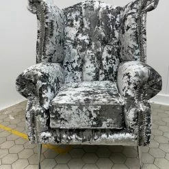 House Of Bling Furniture Boutique Queen Ann Arm Chair In Lustro Fabric Argent Sofas
