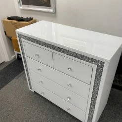 House Of Bling Furniture Boutique White Furniture CRushed Diamond White Chest Of 5 Drawers