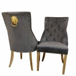House Of Bling Furniture Boutique Valencia Lion Knock Plush Velvet Dark Grey Chair Set Dining Chairs