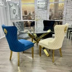 House Of Bling Furniture Boutique Dining Chairs VelvetBlue Lion Knock Chair Package With Gold Knocker And Legs