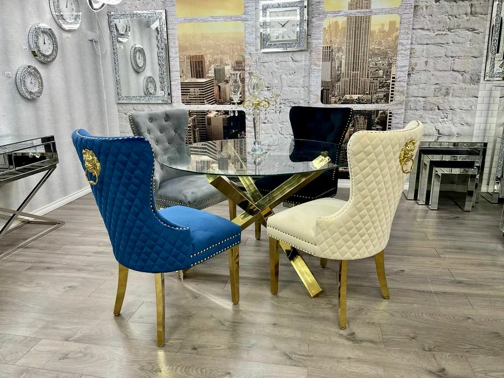 House Of Bling Furniture Boutique Dining Chairs VelvetBlue Lion Knock Chair Package With Gold Knocker And Legs 4 House Of Bling Furniture Boutique Dining Chairs VelvetBlue Lion Knock Chair Package With Gold Knocker And Legs