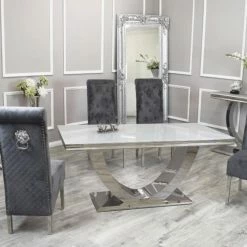 House Of Bling Furniture Boutique Dining Tables And Chairs Sets Madrid White Glass Top Table With Knocker Chairs
