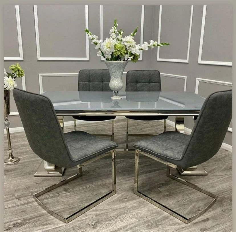 House Of Bling Furniture Boutique Buxford Grey Glass Top Table With James Chairs Dining Tables And Chairs Sets 3 House Of Bling Furniture Boutique Buxford Grey Glass Top Table With James Chairs Dining Tables And Chairs Sets