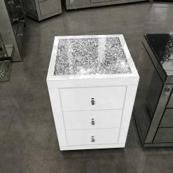 House Of Bling Furniture Boutique White Furniture Elegance Crushed Top White Gloss 3 Drawer Bedsides.