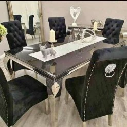 House Of Bling Furniture Boutique Black Glass Cambridge Table With Elsa Lion Knock Chsirs Dining Tables And Chairs Sets