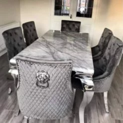 House Of Bling Furniture Boutique Dining Tables And Chairs Sets Cambridge Grey Marble Top With Our Charcoal Lion Knock Chairs