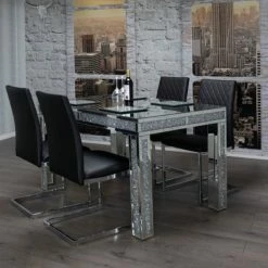 House Of Bling Furniture Boutique Crushed Diamond Table With Faux Leather Black Chairs Dining Tables And Chairs Sets