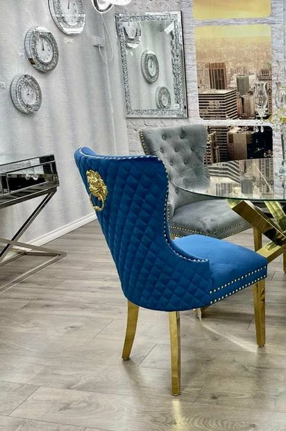 House Of Bling Furniture Boutique Dining Chairs VelvetBlue Lion Knock Chair Package With Gold Knocker And Legs 3 House Of Bling Furniture Boutique Dining Chairs VelvetBlue Lion Knock Chair Package With Gold Knocker And Legs