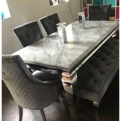 House Of Bling Furniture Boutique 1.6 Meter Table Light Grey Marble With 4 Lion Knock Chairs Only Dining Tables
