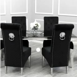 House Of Bling Furniture Boutique Black Glass Cambridge Table With Elsa Lion Knock Chsirs Dining Tables And Chairs Sets